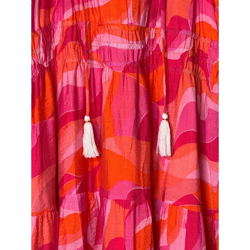 THML Pink Orange Abstract Print Tiered Maxi Dress Smocked Waist Pockets L - Picture 4 of 9